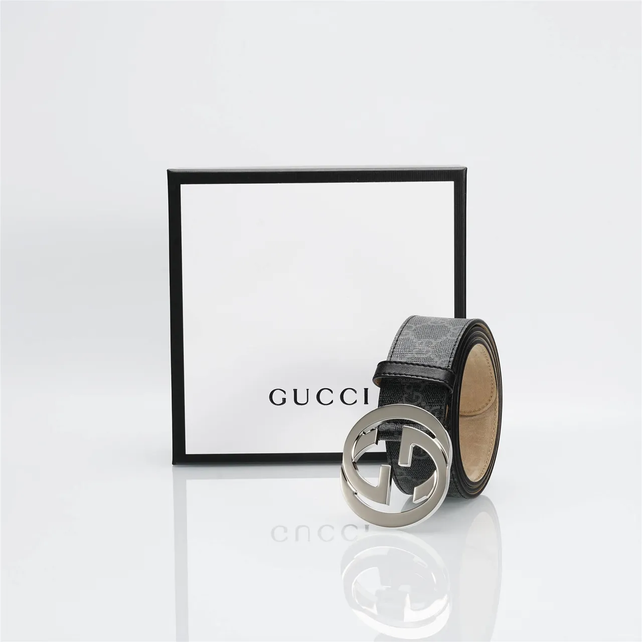 Gucci GG Marmont Black Silver Monogram Canvas Interlocking G Buckle Leather Belt 6