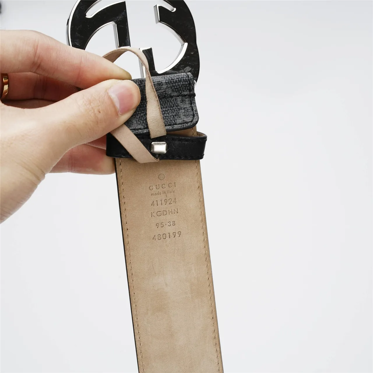 Gucci GG Marmont Black Silver Monogram Canvas Interlocking G Buckle Leather Belt 8