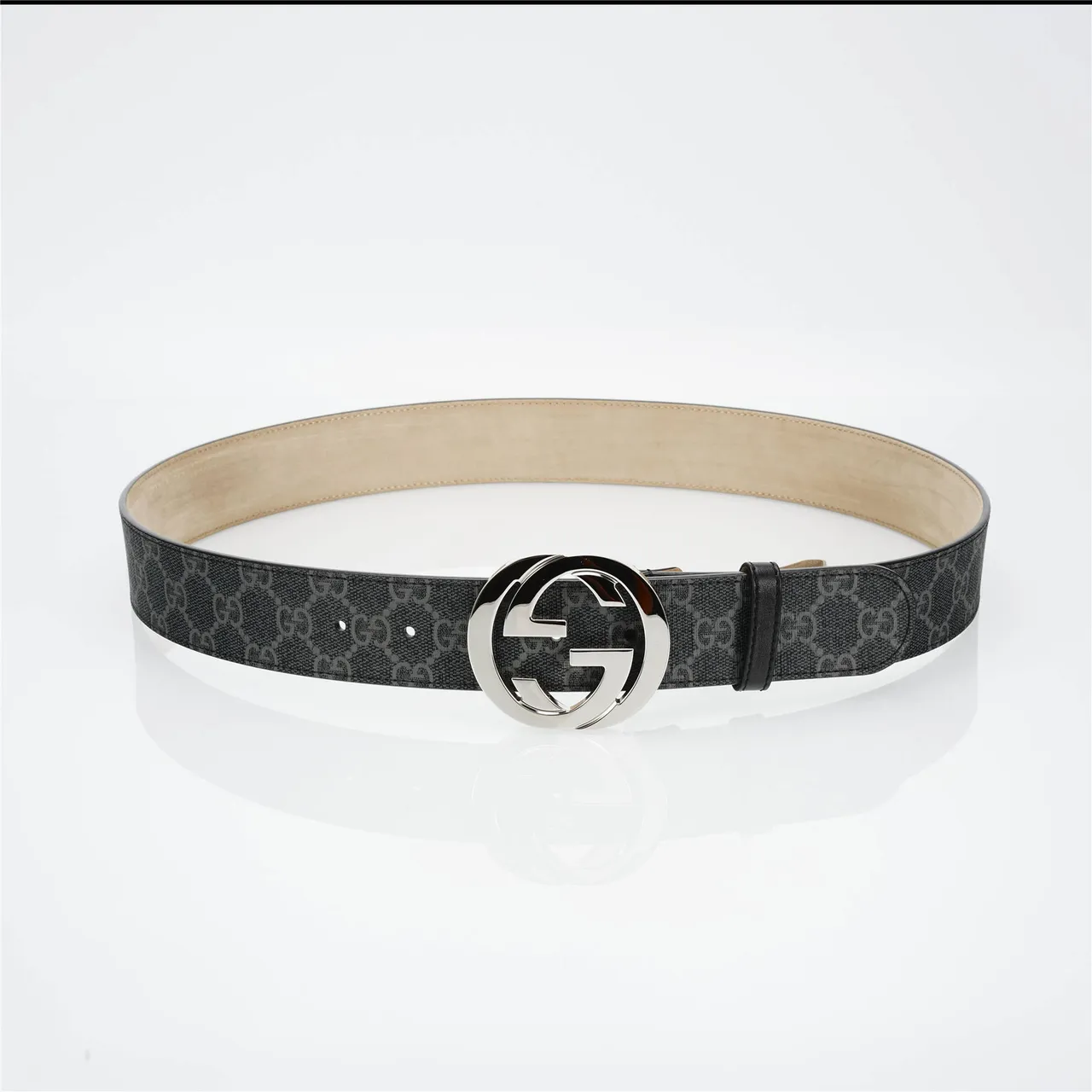 Gucci GG Marmont Black Silver Monogram Canvas Interlocking G Buckle Leather Belt 10