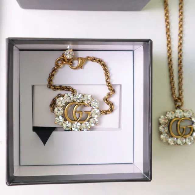 Gucci GG Marmont Crystal-Embellished Gold-Tone Chain Bracelet 2