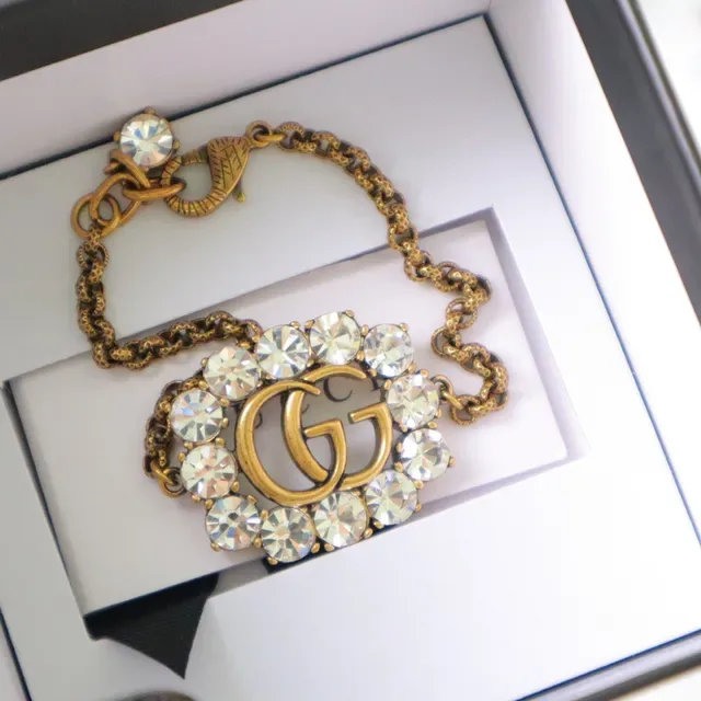 Gucci GG Marmont Crystal-Embellished Gold-Tone Chain Bracelet 7