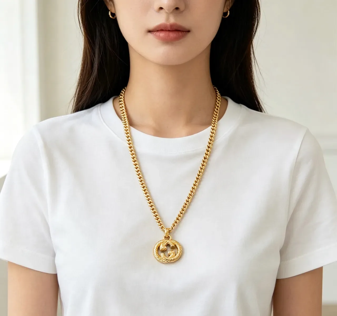 Gucci GG Marmont Gold Curb Chain Interlocking G Pendant Necklace 5