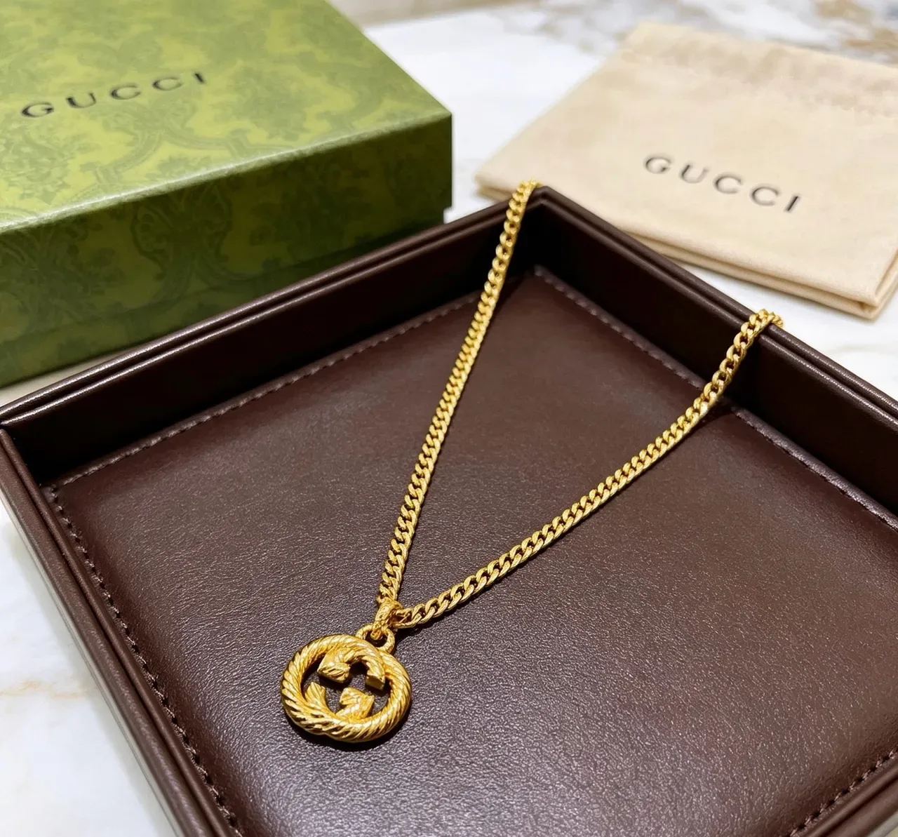 Gucci GG Marmont Gold Curb Chain Interlocking G Pendant Necklace 6