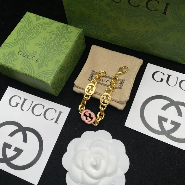 Gucci GG Marmont Gold Pink Curb Chain Resin Interlocking G Motif Necklace 7