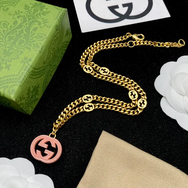 Gucci GG Marmont Gold Pink Curb Chain Resin Interlocking G Motif Necklace 9