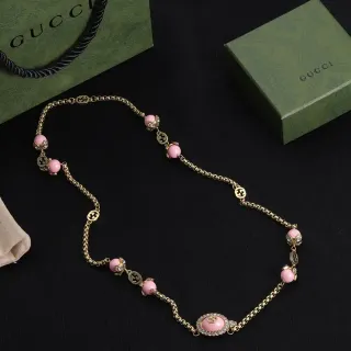Gucci GG Marmont-Inspired Pink Bead and Crystal Chain Necklace