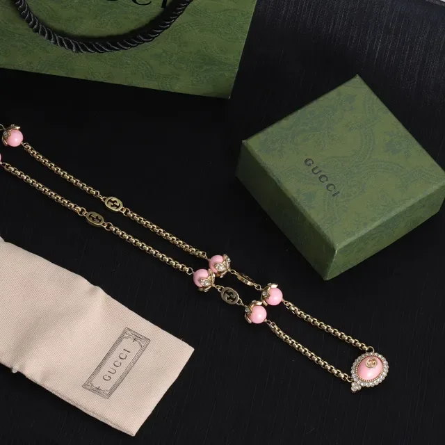 Gucci GG Marmont-Inspired Pink Bead and Crystal Chain Necklace 5