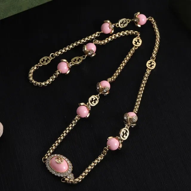 Gucci GG Marmont-Inspired Pink Bead and Crystal Chain Necklace 6