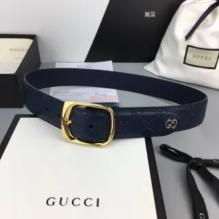 Gucci GG Marmont Navy Gold Embossed Monogram Rectangular Buckle Leather Belt