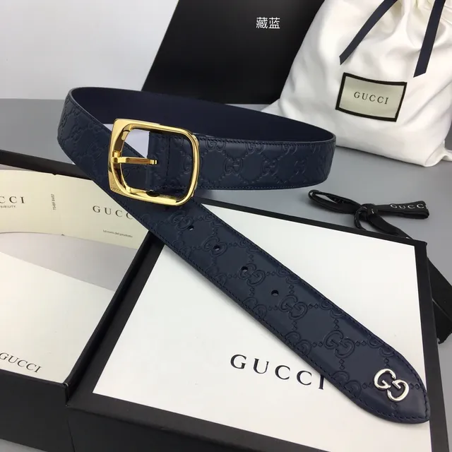 Gucci GG Marmont Navy Gold Embossed Monogram Rectangular Buckle Leather Belt 2