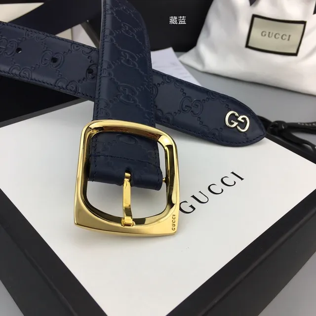 Gucci GG Marmont Navy Gold Embossed Monogram Rectangular Buckle Leather Belt 3