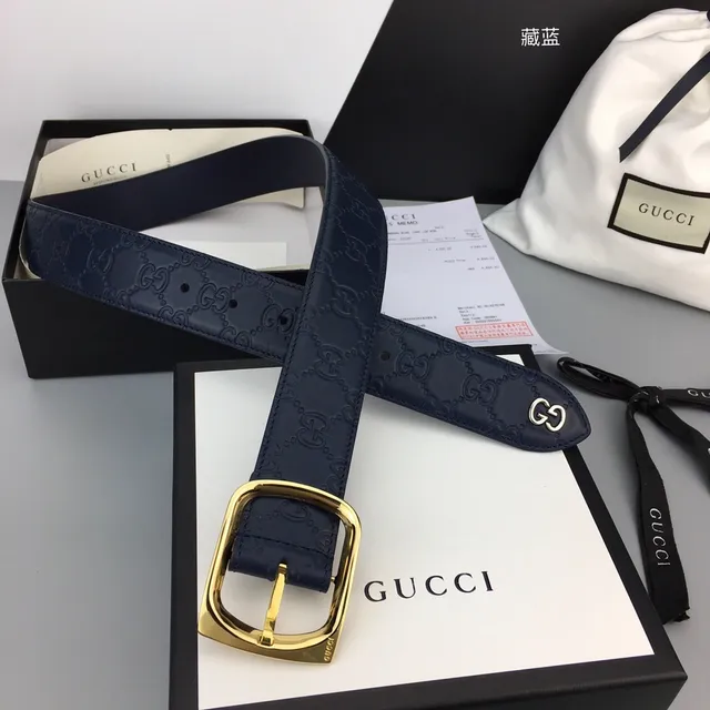 Gucci GG Marmont Navy Gold Embossed Monogram Rectangular Buckle Leather Belt 4