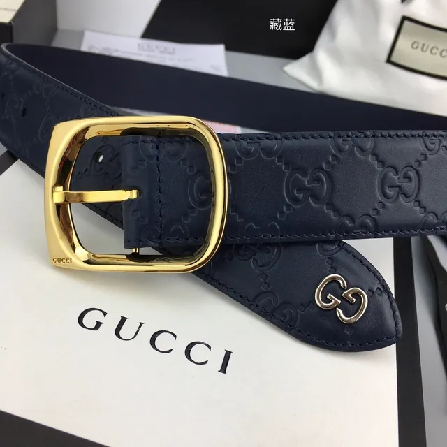 Gucci GG Marmont Navy Gold Embossed Monogram Rectangular Buckle Leather Belt 5