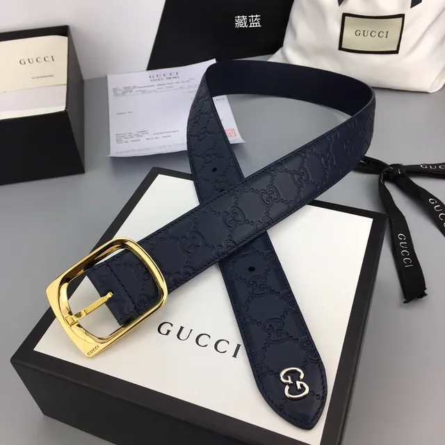 Gucci GG Marmont Navy Gold Embossed Monogram Rectangular Buckle Leather Belt 6