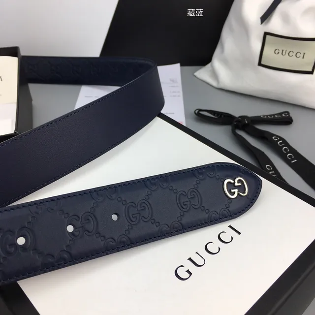 Gucci GG Marmont Navy Gold Embossed Monogram Rectangular Buckle Leather Belt 7