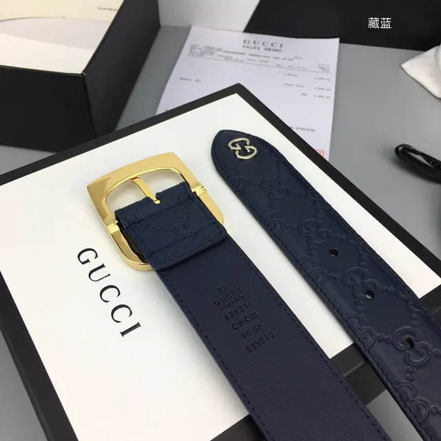 Gucci GG Marmont Navy Gold Embossed Monogram Rectangular Buckle Leather Belt 8