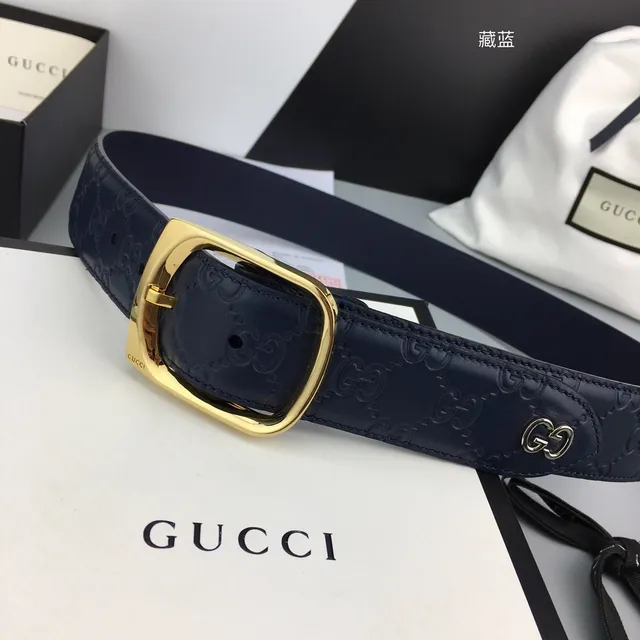 Gucci GG Marmont Navy Gold Embossed Monogram Rectangular Buckle Leather Belt 9