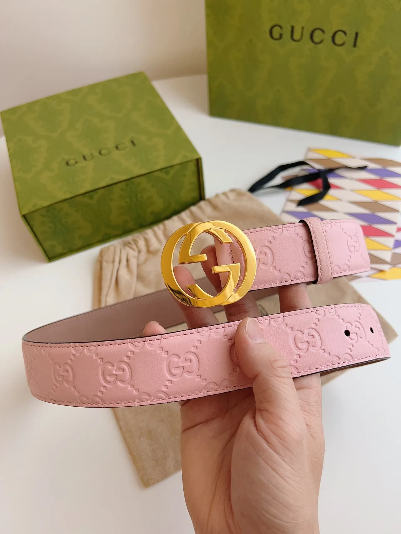 Gucci GG Marmont Pink and Tan Leather Belt 4