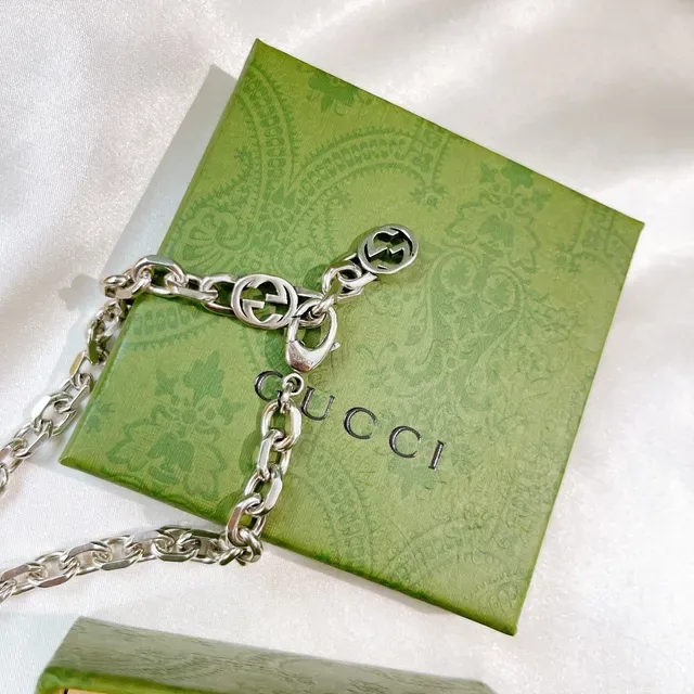 Gucci GG Marmont Silver Black Interlocking Logo Links Chunky Curb Chain Necklace 6