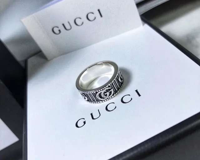 Gucci GG Marmont Silver Black Wide Band Interlocking G Logo Ring 5