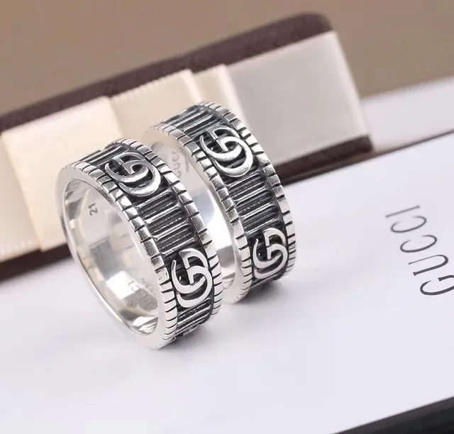 Gucci GG Marmont Silver Black Wide Band Interlocking G Logo Ring 6