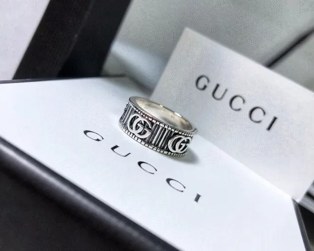 Gucci GG Marmont Silver Black Wide Band Interlocking G Logo Ring 7