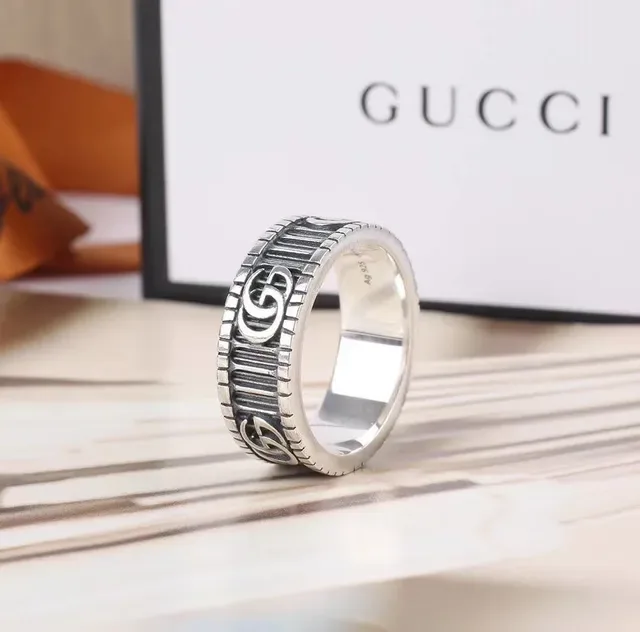 Gucci GG Marmont Silver Black Wide Band Interlocking G Logo Ring 8