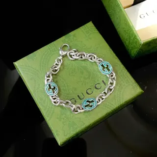 Gucci GG Marmont Silver Green Chunky Curb-Link Chain Enamel Medallions Bracelet