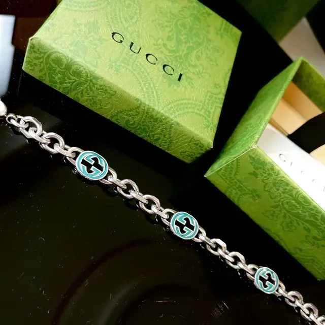 Gucci GG Marmont Silver Green Chunky Curb-Link Chain Enamel Medallions Bracelet 5