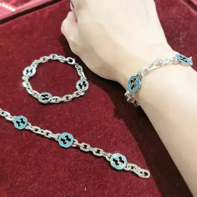 Gucci GG Marmont Silver Green Chunky Curb-Link Chain Enamel Medallions Bracelet 6
