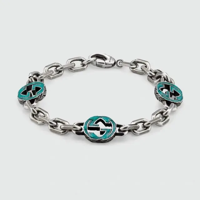 Gucci GG Marmont Silver Green Chunky Curb-Link Chain Enamel Medallions Bracelet 9