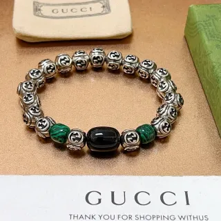 Gucci GG Marmont Silver Green Interlocking G Metal Beads Malachite Stone Accents Bracelet