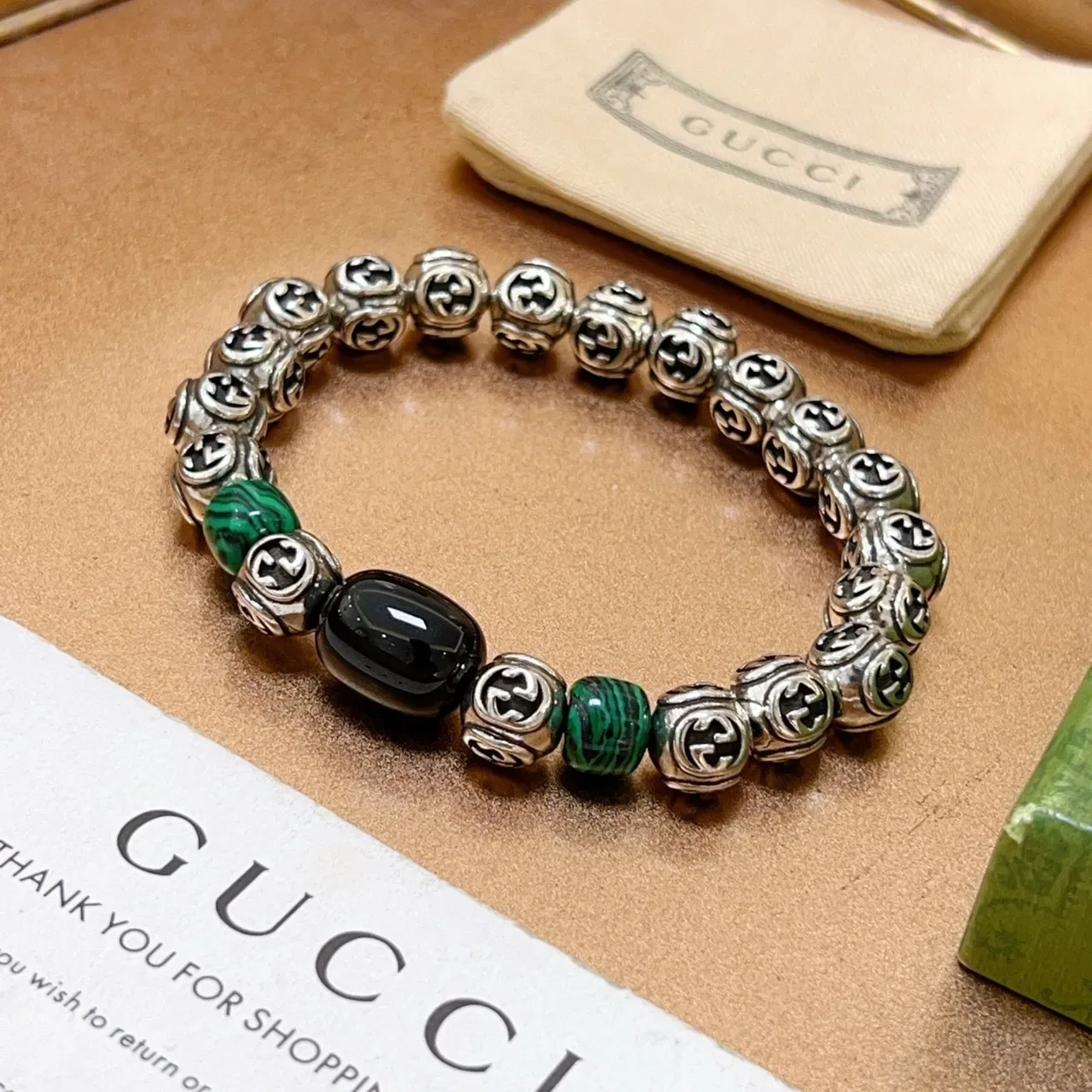 Gucci GG Marmont Silver Green Interlocking G Metal Beads Malachite Stone Accents Bracelet 2