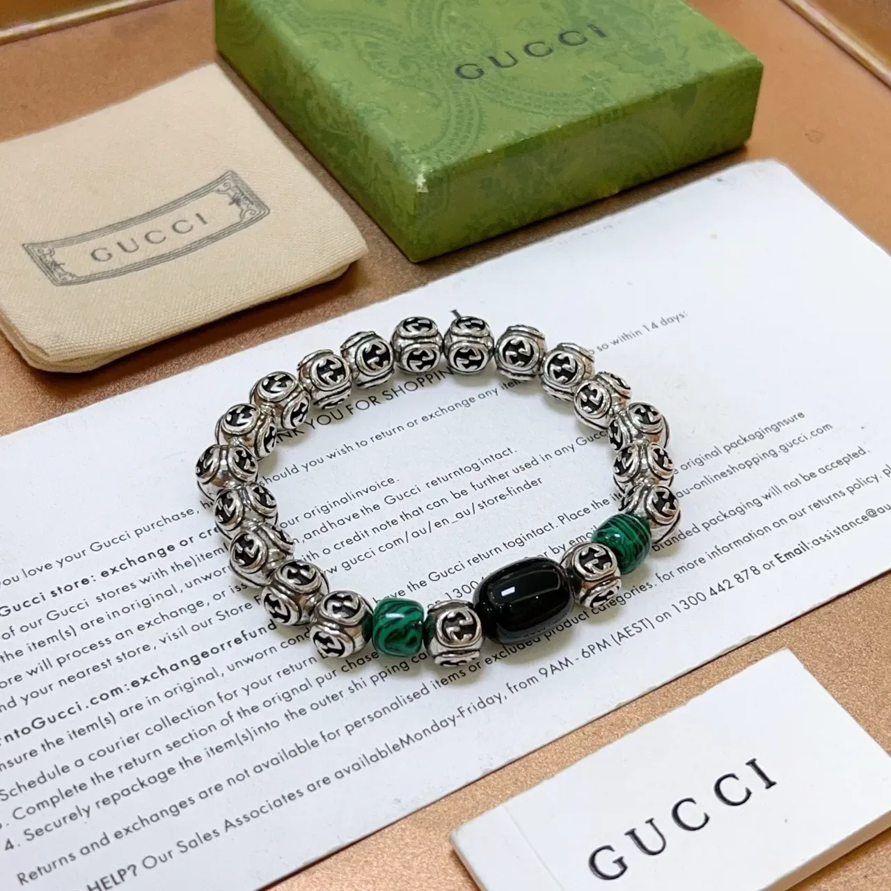 Gucci GG Marmont Silver Green Interlocking G Metal Beads Malachite Stone Accents Bracelet 3