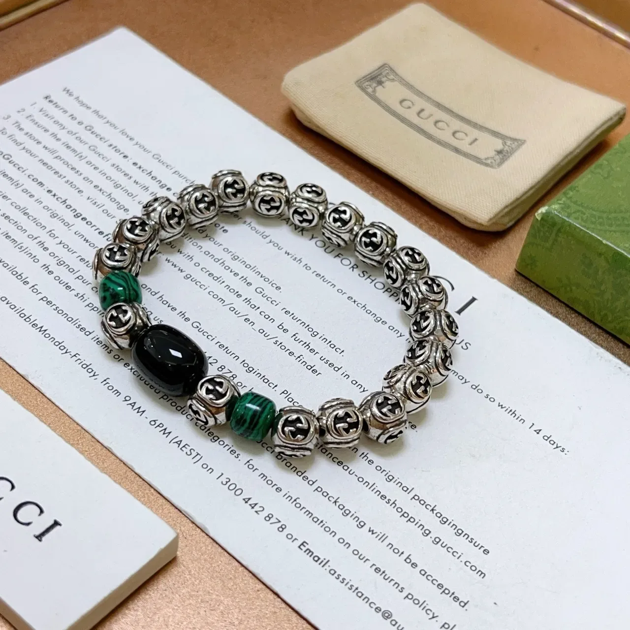 Gucci GG Marmont Silver Green Interlocking G Metal Beads Malachite Stone Accents Bracelet 5