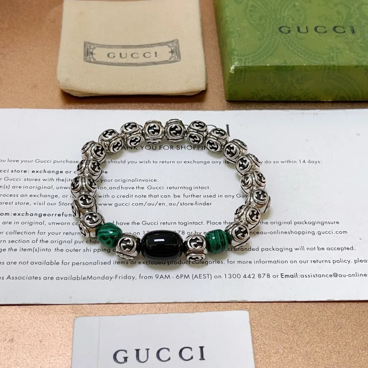 Gucci GG Marmont Silver Green Interlocking G Metal Beads Malachite Stone Accents Bracelet 6