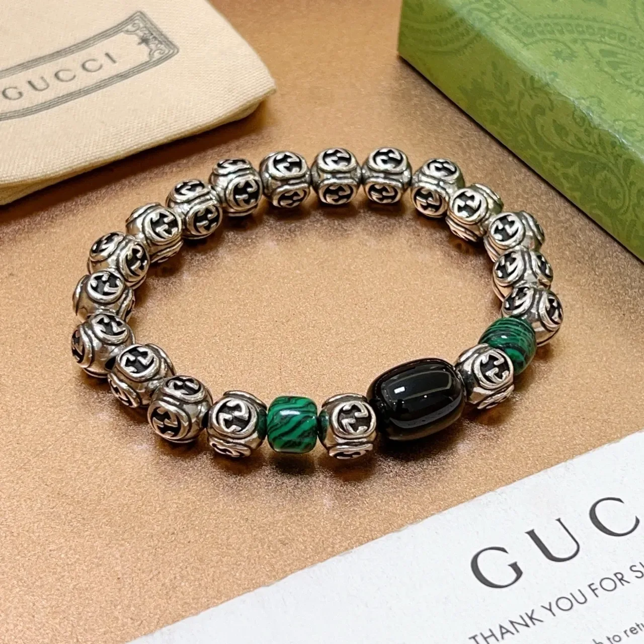 Gucci GG Marmont Silver Green Interlocking G Metal Beads Malachite Stone Accents Bracelet 9