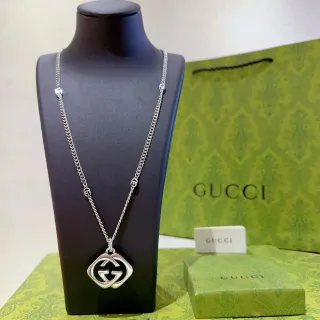 Gucci GG Marmont Silver Interlocking Double-G Pendant Diamond-Shaped Frame Necklace