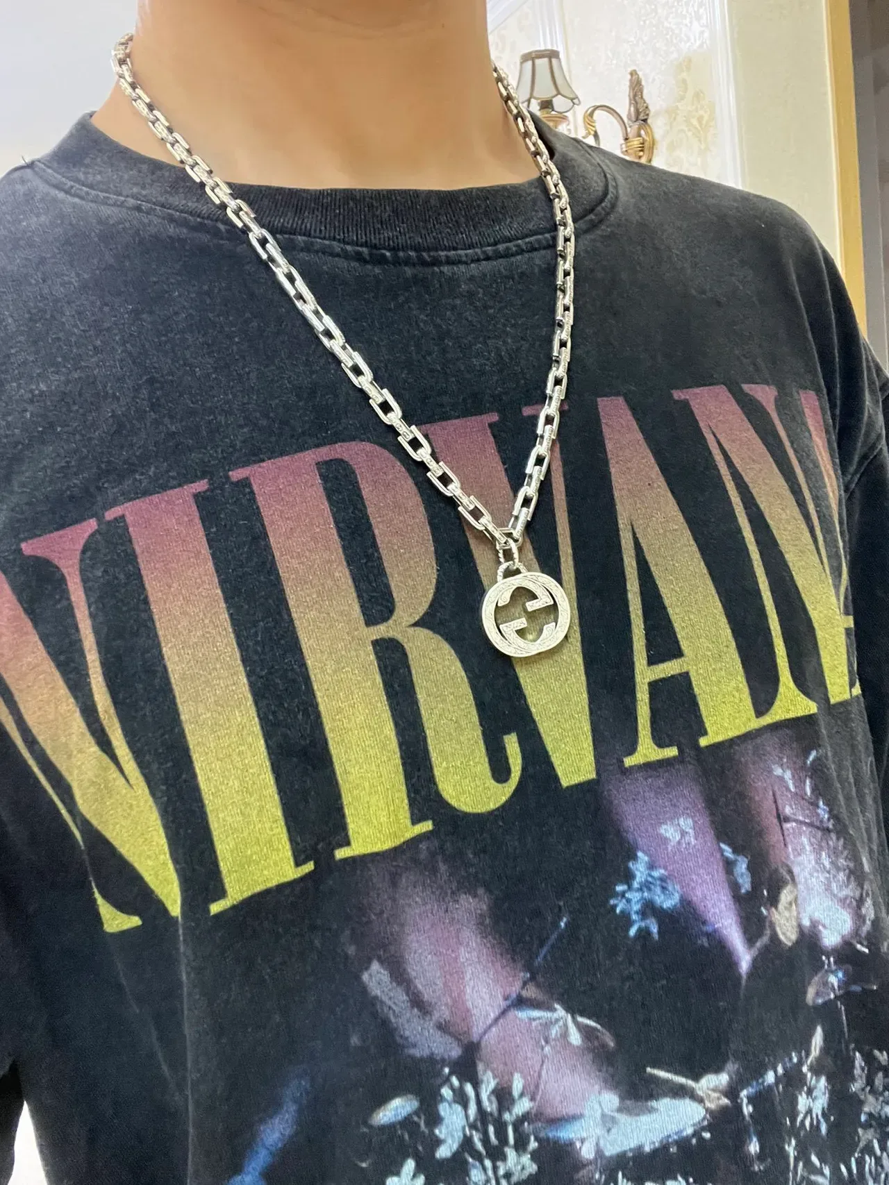 Gucci GG Marmont Silver Ornate Engraved Pendant Necklace 2