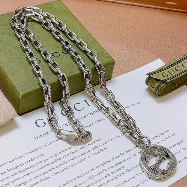 Gucci GG Marmont Silver Ornate Engraved Pendant Necklace 3