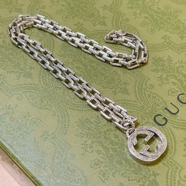 Gucci GG Marmont Silver Ornate Engraved Pendant Necklace 4