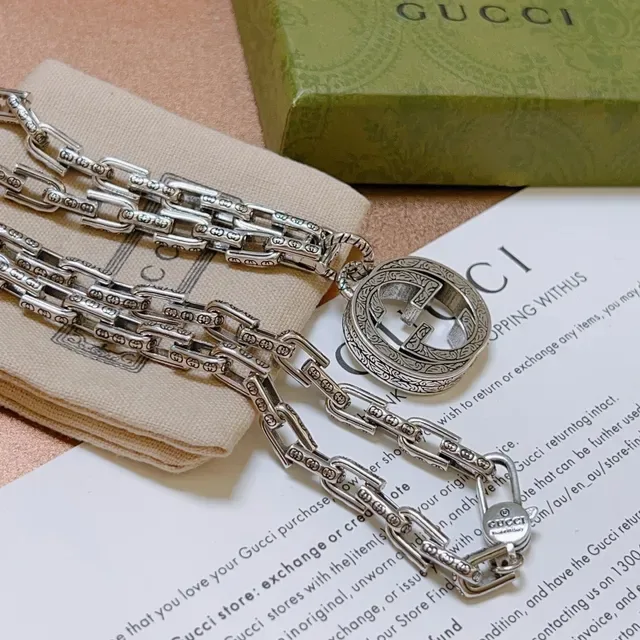 Gucci GG Marmont Silver Ornate Engraved Pendant Necklace 6