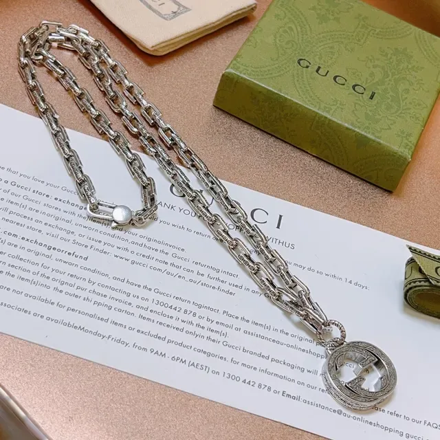 Gucci GG Marmont Silver Ornate Engraved Pendant Necklace 7