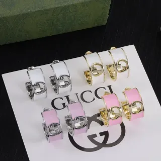 Gucci GG Marmont White Pink Hinged Hoop Enamel-Coated Earrings