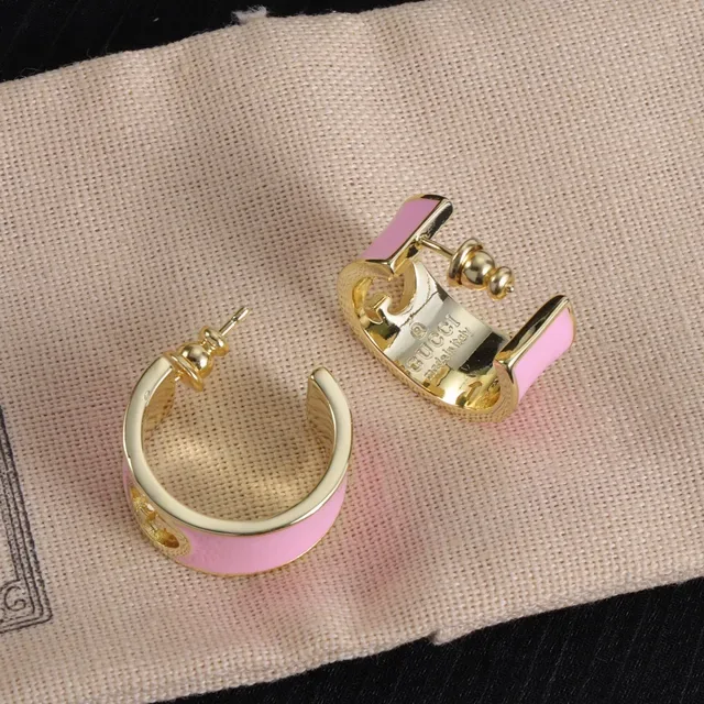 Gucci GG Marmont White Pink Hinged Hoop Enamel-Coated Earrings 2