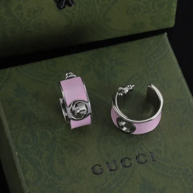 Gucci GG Marmont White Pink Hinged Hoop Enamel-Coated Earrings 6