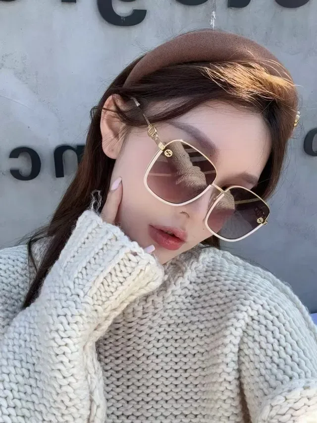 Gucci Gold Beige Oversized Square Frame Thin Metal Sunglasses 5