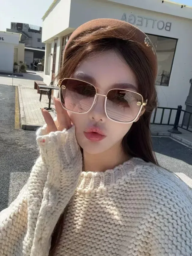 Gucci Gold Beige Oversized Square Frame Thin Metal Sunglasses 6