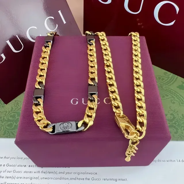 Gucci Gold Black Curb-Link Chain Metal Bracelet 5