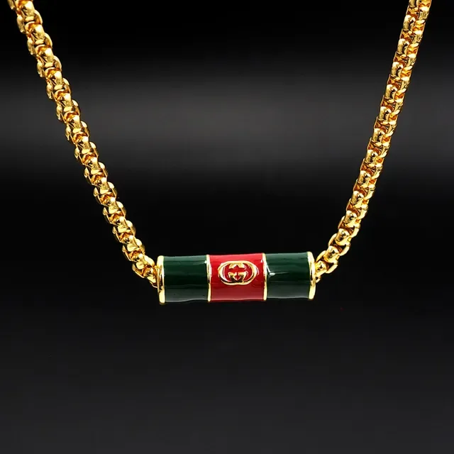 Gucci गोल्ड ग्रीन कर्ब चेन इनेमल सिलेंडर पेंडेंट नेकलेस 2